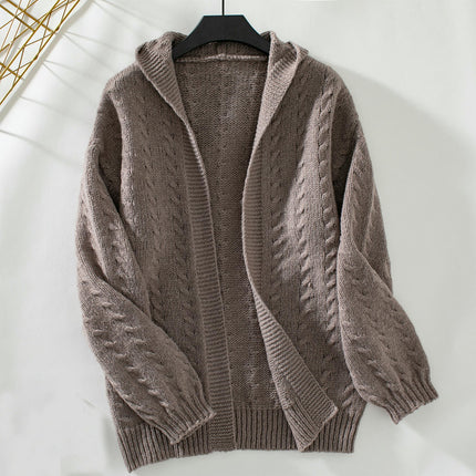 Women's Hooded Knitted Cardigan Casual Loose Long Sleeve Sweater Jacket
