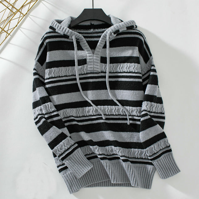 Women's Striped Hooded Drawstring Pullover Knitted Sweater Long Sleeve Casual