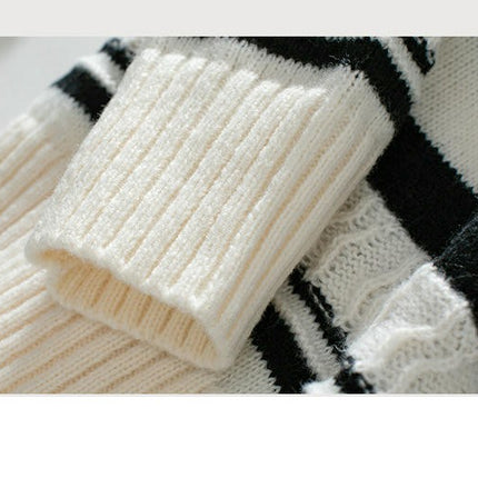 Women's Striped Hooded Drawstring Pullover Knitted Sweater Long Sleeve Casual