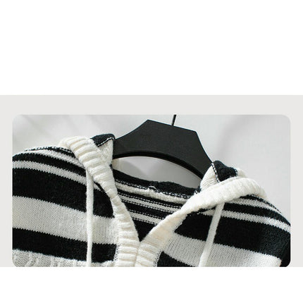 Women's Striped Hooded Drawstring Pullover Knitted Sweater Long Sleeve Casual