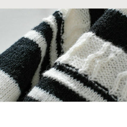 Women's Striped Hooded Drawstring Pullover Knitted Sweater Long Sleeve Casual