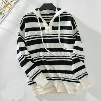 Women's Striped Hooded Drawstring Pullover Knitted Sweater Long Sleeve Casual