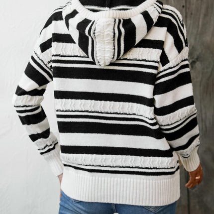 Women's Striped Hooded Drawstring Pullover Knitted Sweater Long Sleeve Casual