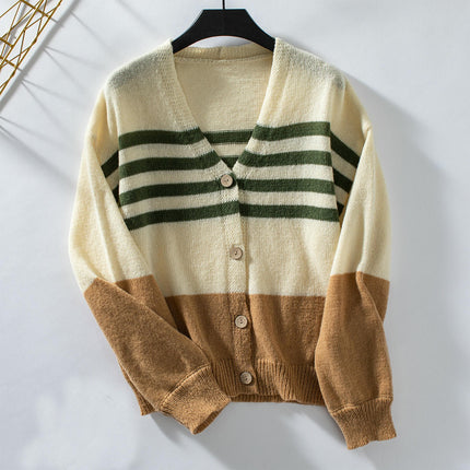 Women's Contrast Color V-Neck Knit Cardigan Casual Long Sleeve Button Jacket