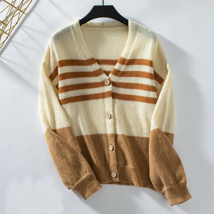 Women's Contrast Color V-Neck Knit Cardigan Casual Long Sleeve Button Jacket