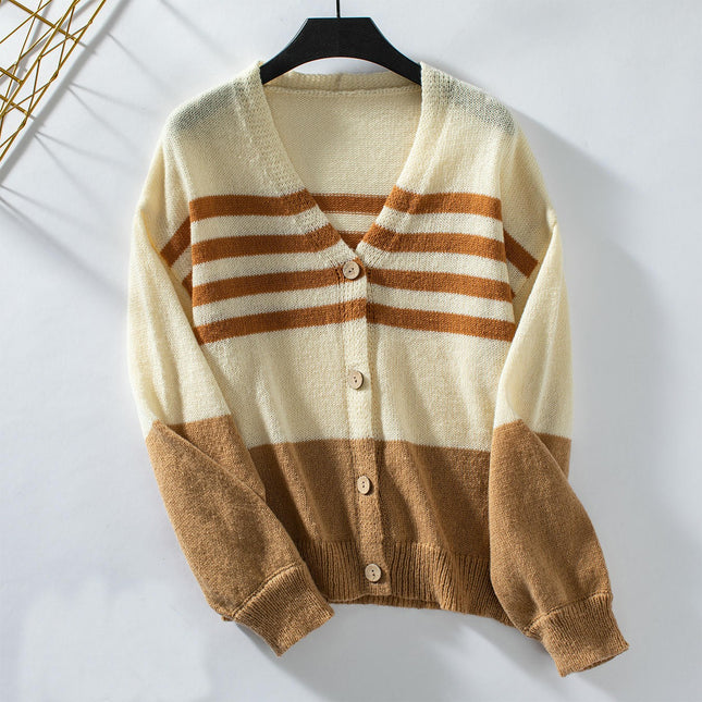 Women's Contrast Color V-Neck Knit Cardigan Casual Long Sleeve Button Jacket