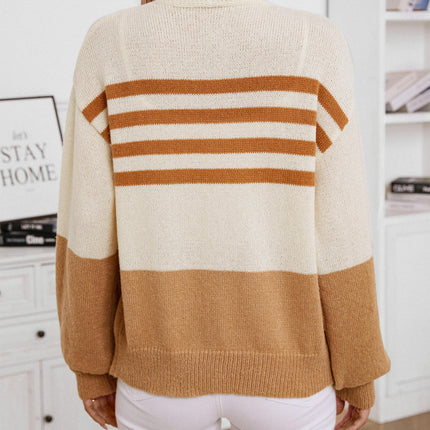 Women's Contrast Color V-Neck Knit Cardigan Casual Long Sleeve Button Jacket