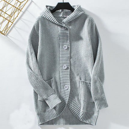 Womens Hooded Button Knit Cardigan Loose Long Sleeve Sweater Jacket with Pockets