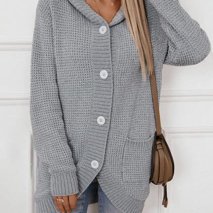 Womens Hooded Button Knit Cardigan Loose Long Sleeve Sweater Jacket with Pockets