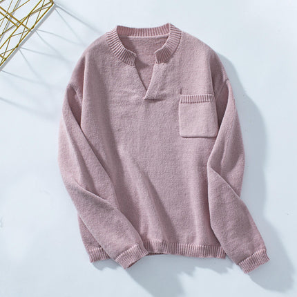 Women's V-neck Pullover Sweater Solid Color Pocket Casual Loose Knit Cardigan