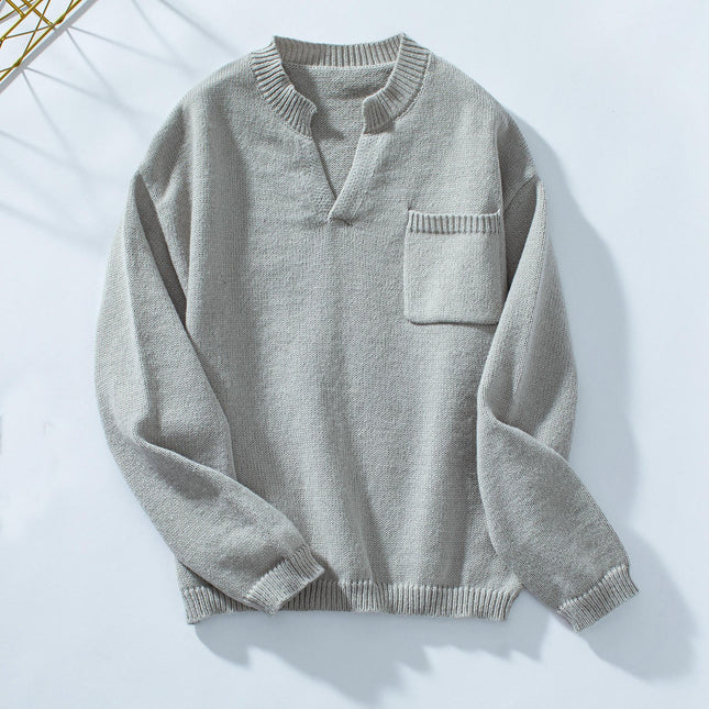 Women's V-neck Pullover Sweater Solid Color Pocket Casual Loose Knit Cardigan