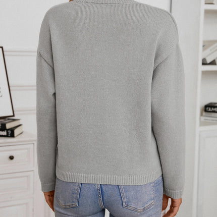 Women's V-neck Pullover Sweater Solid Color Pocket Casual Loose Knit Cardigan