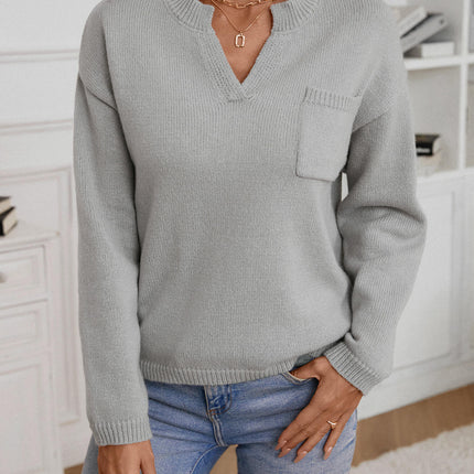 Women's V-neck Pullover Sweater Solid Color Pocket Casual Loose Knit Cardigan