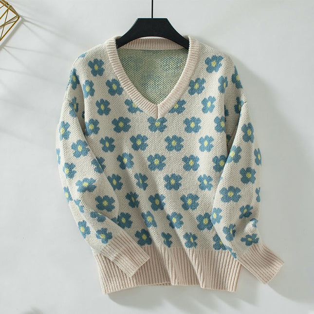 Women's V-neck Floral Jacquard Pullover Sweater Casual Long-sleeved Knitted Top