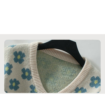 Women's V-neck Floral Jacquard Pullover Sweater Casual Long-sleeved Knitted Top