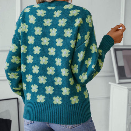 Women's V-neck Floral Jacquard Pullover Sweater Casual Long-sleeved Knitted Top
