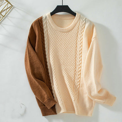 Women's Colorblock Pullover Sweater Round Neck Cable Knit Long Sleeve Top