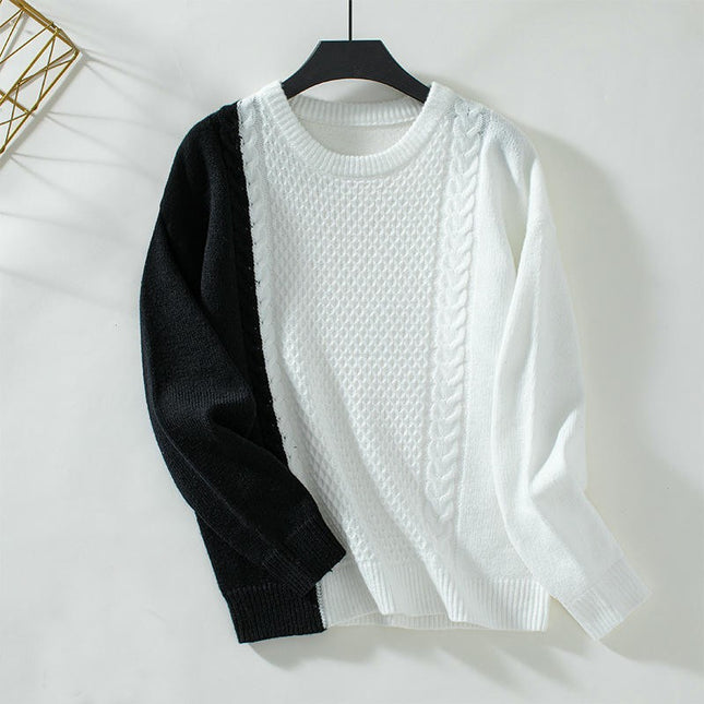 Women's Colorblock Pullover Sweater Round Neck Cable Knit Long Sleeve Top