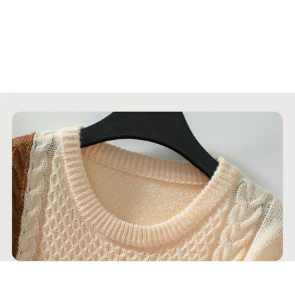 Women's Colorblock Pullover Sweater Round Neck Cable Knit Long Sleeve Top