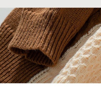 Women's Colorblock Pullover Sweater Round Neck Cable Knit Long Sleeve Top