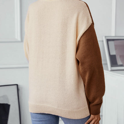 Women's Colorblock Pullover Sweater Round Neck Cable Knit Long Sleeve Top