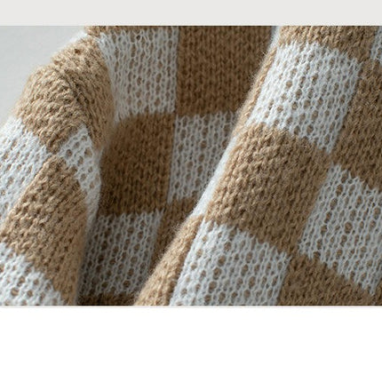 Women's V-neck Plaid Sweater Casual Loose Long Sleeve Knit Cardigan Top