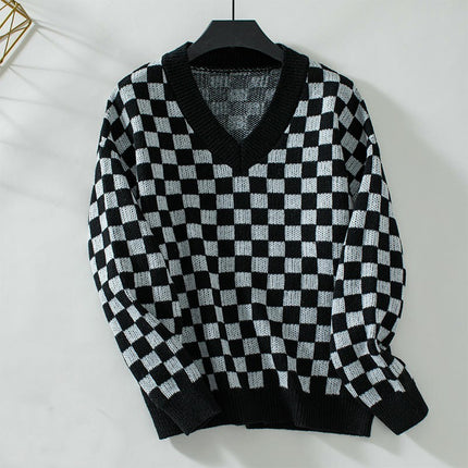 Women's V-neck Plaid Sweater Casual Loose Long Sleeve Knit Cardigan Top