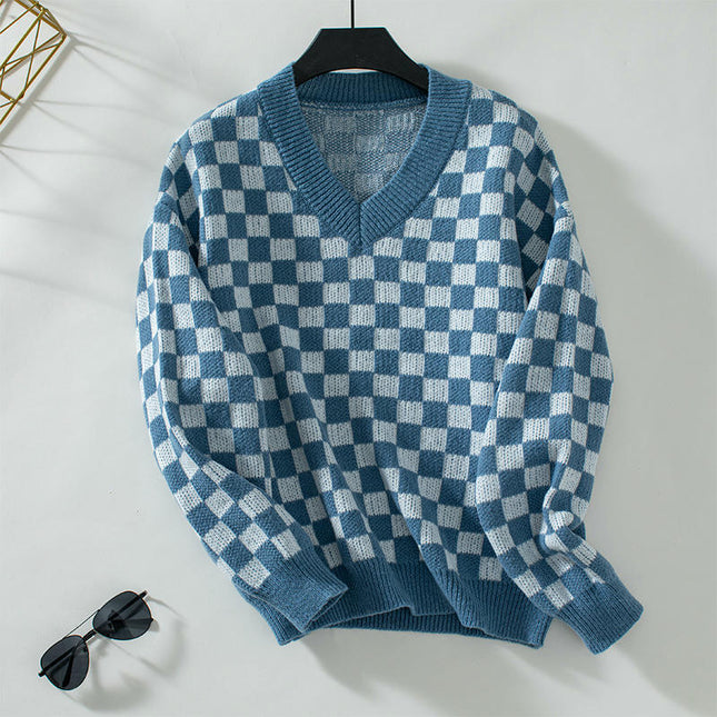 Women's V-neck Plaid Sweater Casual Loose Long Sleeve Knit Cardigan Top