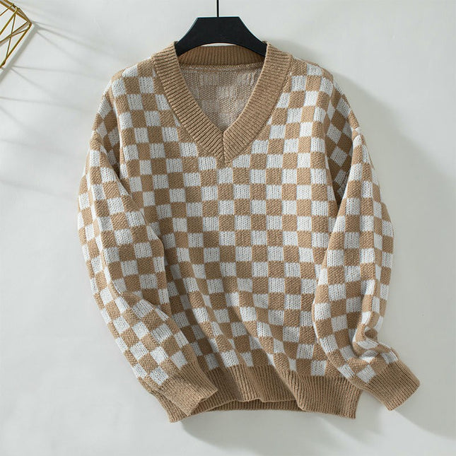 Women's V-neck Plaid Sweater Casual Loose Long Sleeve Knit Cardigan Top