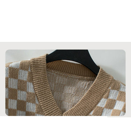 Women's V-neck Plaid Sweater Casual Loose Long Sleeve Knit Cardigan Top