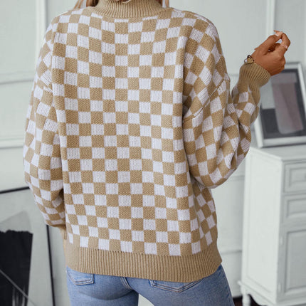 Women's V-neck Plaid Sweater Casual Loose Long Sleeve Knit Cardigan Top