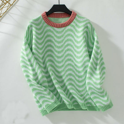 Women's Crew Neck Wave Striped Sweater Casual Loose Long Sleeve Knit Top