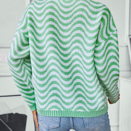 Women's Crew Neck Wave Striped Sweater Casual Loose Long Sleeve Knit Top