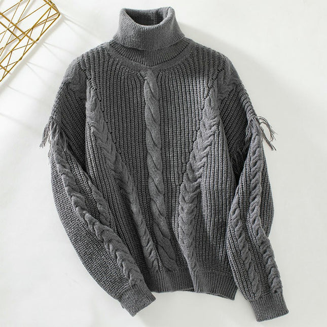 Women's Turtleneck Cable Tassel Sweater Casual Loose Long Sleeve Knit Top
