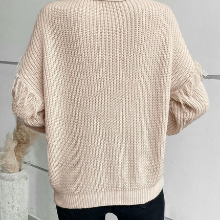 Women's Turtleneck Cable Tassel Sweater Casual Loose Long Sleeve Knit Top