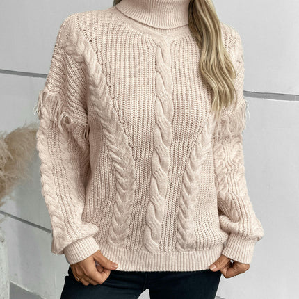 Women's Turtleneck Cable Tassel Sweater Casual Loose Long Sleeve Knit Top