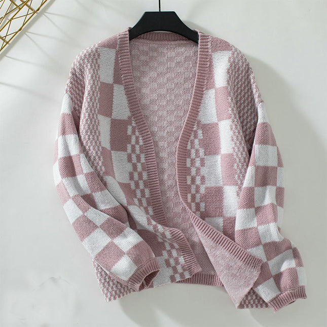 Women's Contrast Plaid Knitted Cardigan Loose Casual Lantern Sleeve Sweater