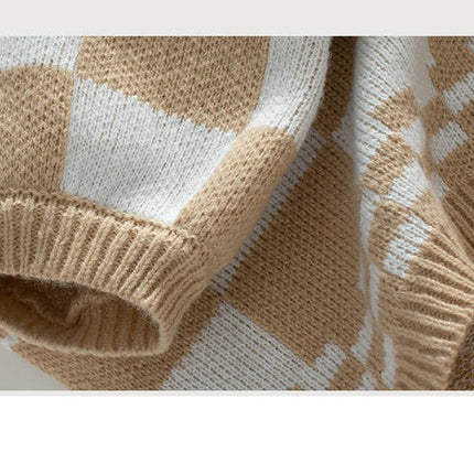 Women's Contrast Plaid Knitted Cardigan Loose Casual Lantern Sleeve Sweater
