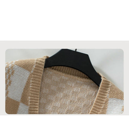 Women's Contrast Plaid Knitted Cardigan Loose Casual Lantern Sleeve Sweater