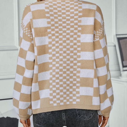 Women's Contrast Plaid Knitted Cardigan Loose Casual Lantern Sleeve Sweater