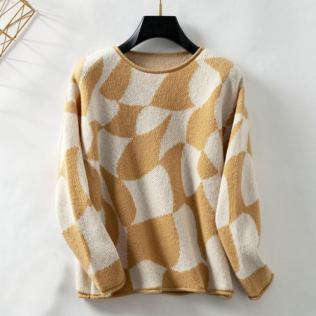 Women's Contrast Color Round Neck Rolled Hem Sweater Loose Long Sleeve Knit Top