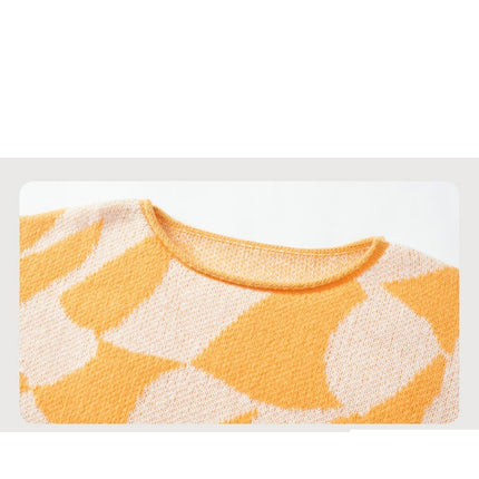Women's Contrast Color Round Neck Rolled Hem Sweater Loose Long Sleeve Knit Top