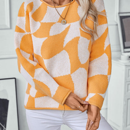 Women's Contrast Color Round Neck Rolled Hem Sweater Loose Long Sleeve Knit Top