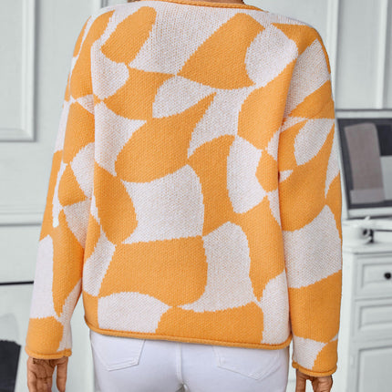 Women's Contrast Color Round Neck Rolled Hem Sweater Loose Long Sleeve Knit Top