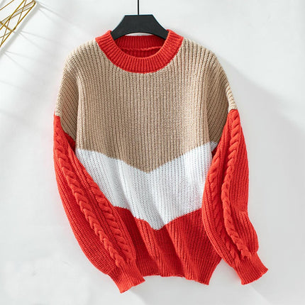Women's Contrast Color Cable Crewneck Sweater Casual Loose Long Sleeve Knit Top