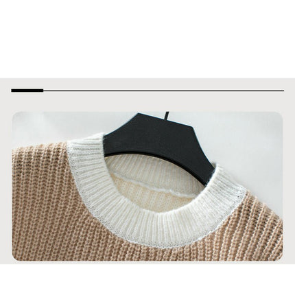 Women's Contrast Color Cable Crewneck Sweater Casual Loose Long Sleeve Knit Top