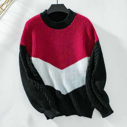 Women's Contrast Color Cable Crewneck Sweater Casual Loose Long Sleeve Knit Top