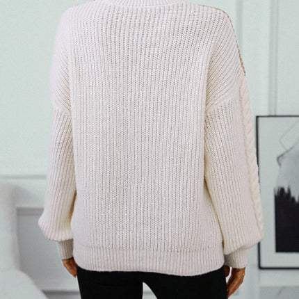 Women's Contrast Color Cable Crewneck Sweater Casual Loose Long Sleeve Knit Top