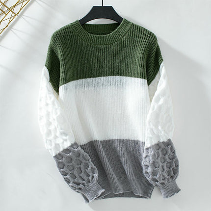 Women's Fashion Round Neck Colorblock Sweater Casual Loose Long Sleeve Knit Top