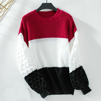 Women's Fashion Round Neck Colorblock Sweater Casual Loose Long Sleeve Knit Top